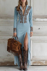 Western Half-Zip Embroidered Faux Suede Fringe Maxi Dress