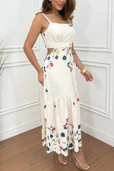 Vanie Linen Blend Floral Print Cutout Waist Back Smocked Slit Maxi Dress