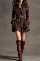 Vintage Lapel Red and Brown Plaid Mini Dress
