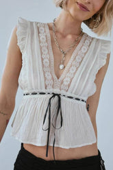 V-Neck Lace Ruffled Tie-Waist Crop Top