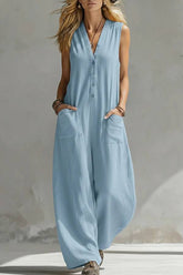 V-Neck Sleeveless Button Front Pocket Wide-Leg Jumpsuit