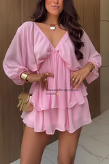 Verne Chiffon Batwing Sleeve Elastic High Waist Layered Hem Loose Mini Dress