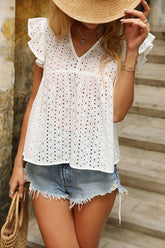 V-neck Lotus Leaf Sleeve Hollow Loose Women's Top