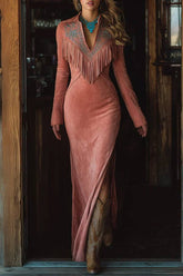 Vintage Western Tassel Embroidered Pink Faux Suede Maxi Dress