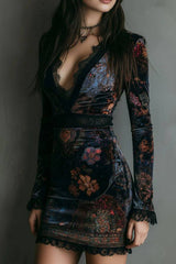 Vintage velvet lace deep V long-sleeved dress