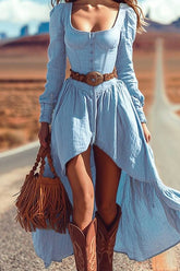 Western retro square neck waist irregular swing dress