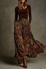 Vintage stretch fluwelen top en paisley print maxi rok set