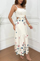 Vanie Linen Blend Floral Print Cutout Waist Back Smocked Slit Maxi Dress