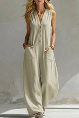 V-Neck Sleeveless Button Front Pocket Wide-Leg Jumpsuit