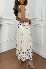 Vanie Linen Blend Floral Print Cutout Waist Back Smocked Slit Maxi Dress