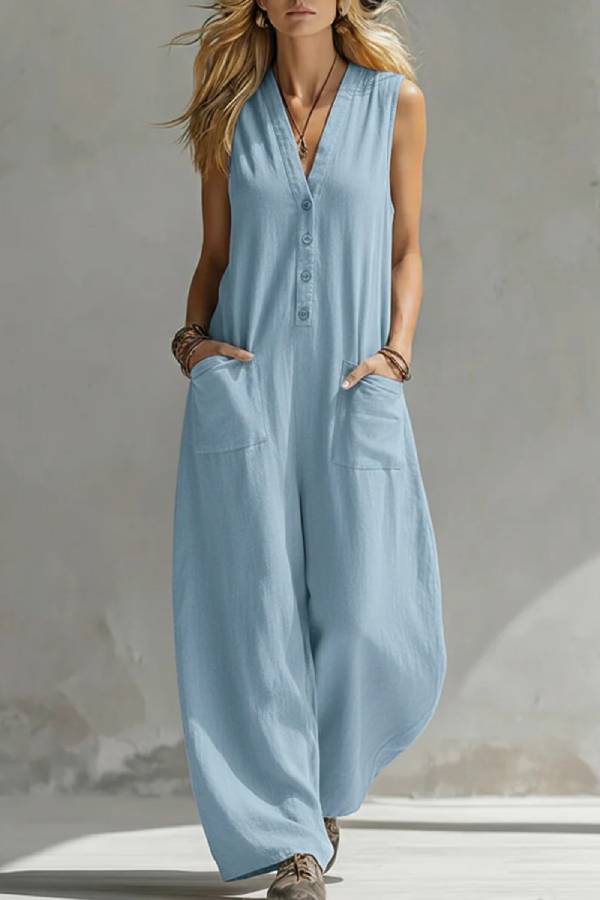 V-Neck Sleeveless Button Front Pocket Wide-Leg Jumpsuit
