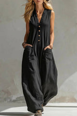 V-Neck Sleeveless Button Front Pocket Wide-Leg Jumpsuit