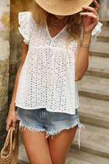 V-neck Lotus Leaf Sleeve Hollow Loose Women's Top