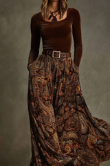 Vintage stretch fluwelen top en paisley print maxi rok set