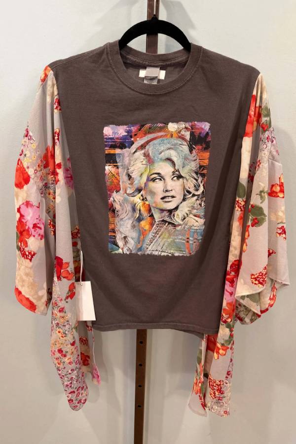 Vintage Icon Print Patchwork Sleeve Short Top